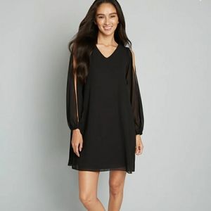 Sheer sleeves black party dress V-neck fully lined size Medium